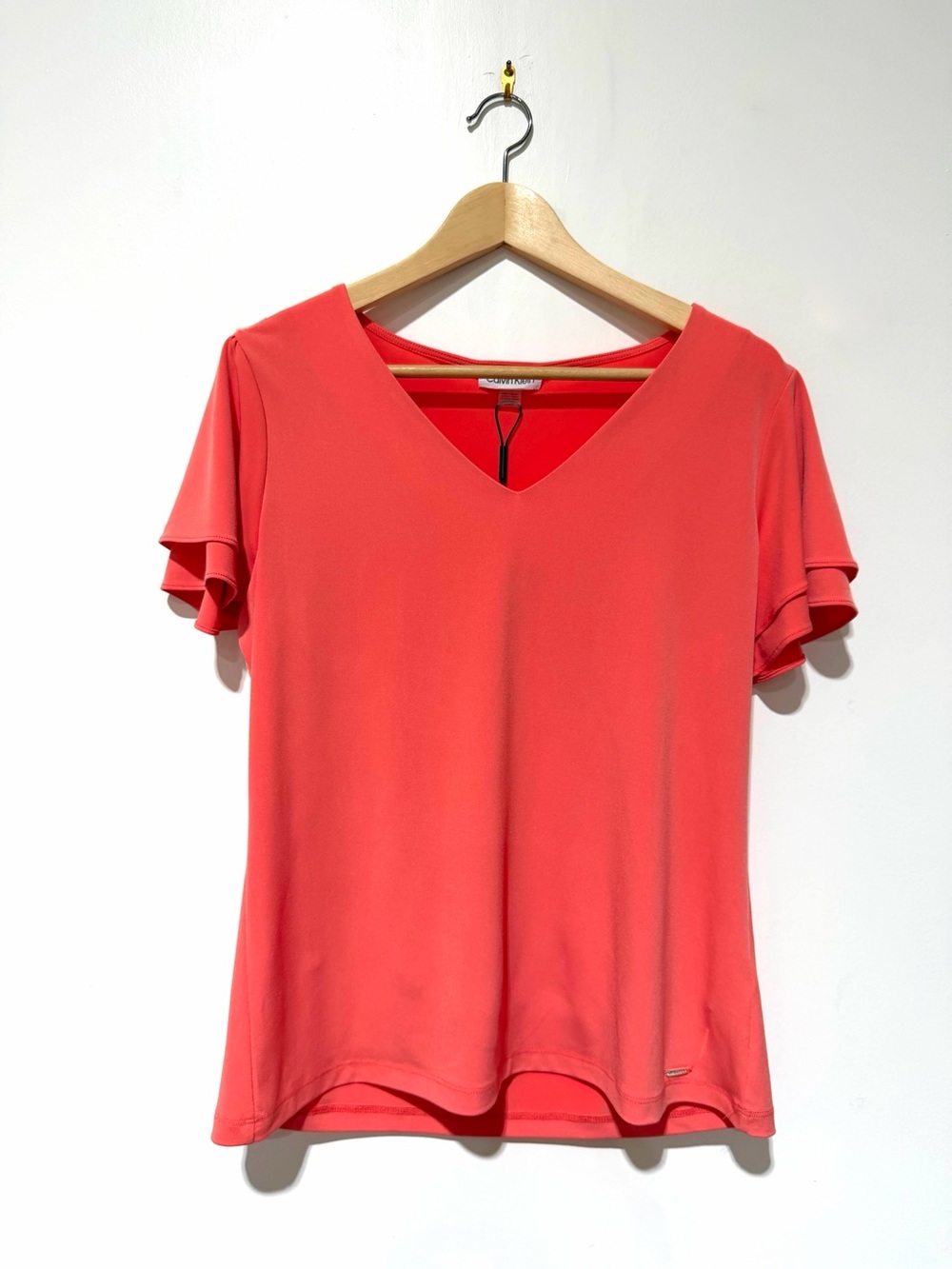Calvin Klein V-Neck Short Sleeve Top | Coral | Size Large | NWT